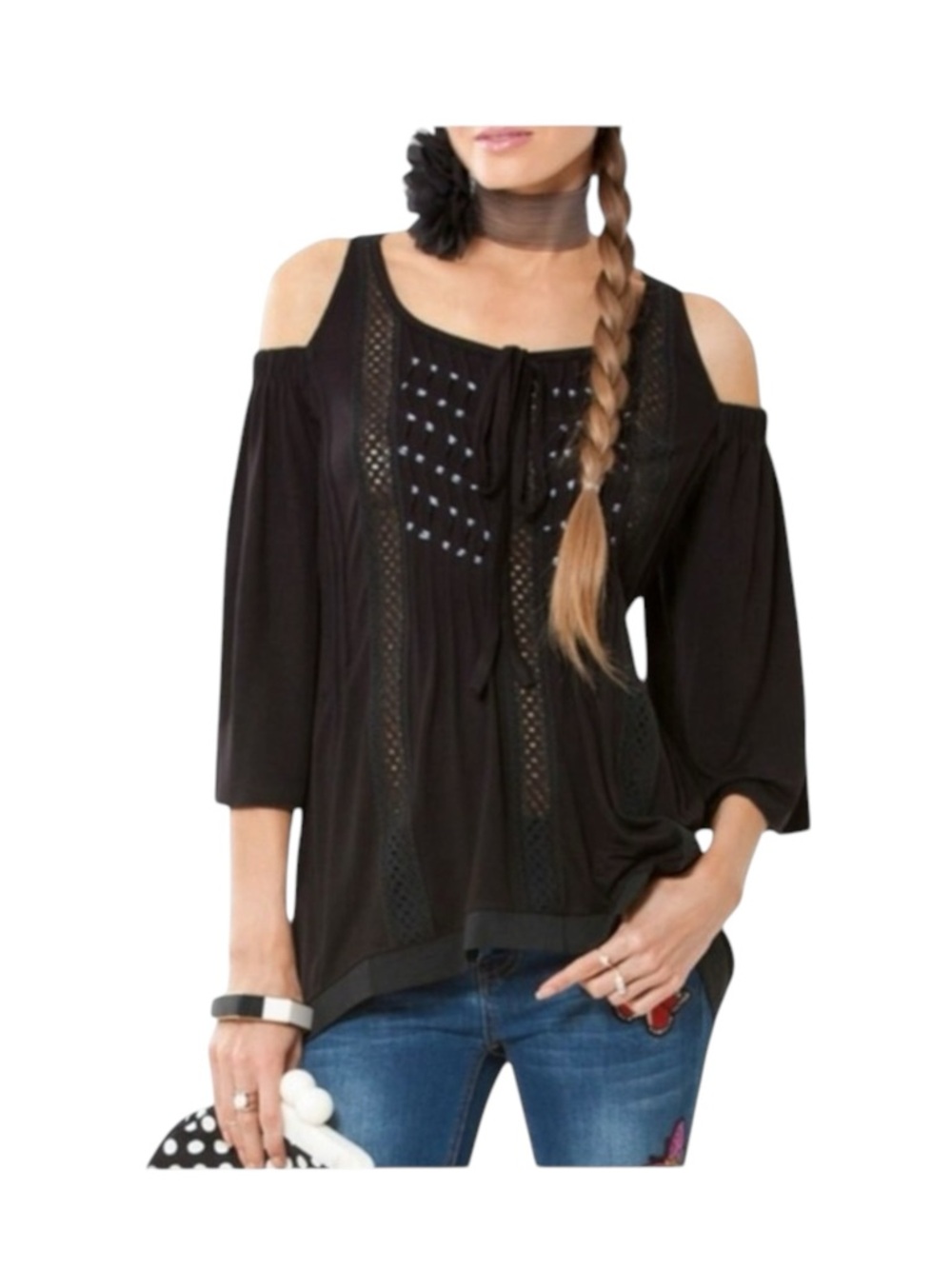new Hale Bob ༄ Shaina Silk Crochet Cotton Voile Cold Shoulder Top ༄ Black XS - Picture 3 of 16